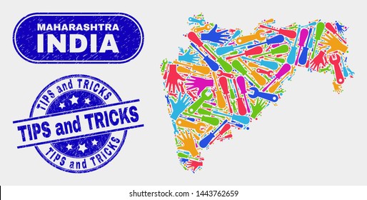 Factory Maharashtra State map and blue Tips and Tricks scratched seal stamp. Colored vector Maharashtra State map mosaic of industrial elements. Blue round Tips and Tricks seal.
