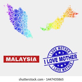Factory Malaysia map and blue I Love Mother scratched seal stamp. Spectral gradiented vector Malaysia map mosaic of productivity parts. Blue rounded I Love Mother stamp.