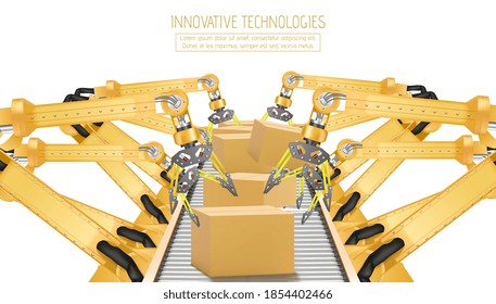 Factory manipulator. Automatic hand hold the cardboard box above conveyor.