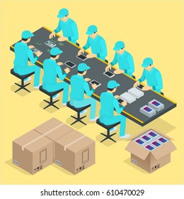 Factory Manual Assembly Line With Works And Conveyor Belt Controlled Manufacturing Process Isometric Poster Vector Illustration 