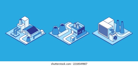 factory manufacture collection in linear isometric style. Minimal art line. Concept with warehouse, fabric, building and pipe line.