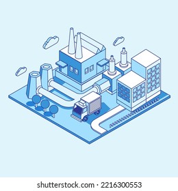 Factory Manufacture Set In Linear Isometric Style. Minimal Art Line. Concept With Warehouse, Fabric, Building And Pipe Line.