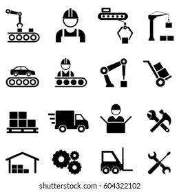 Factory, manufacturing, assembly line and automation related industrial icon set