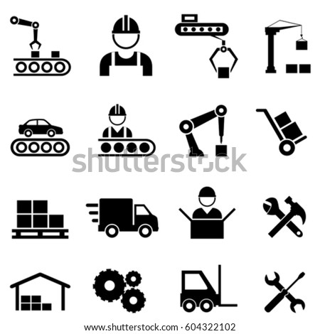 Factory, manufacturing, assembly line and automation related industrial icon set