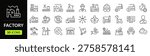 Factory and manufacturing Web Icon Set in Linear Style. Collection of manufacturing line icons, including automation, plants, industrial, production, machine, warehouse and more. Editable stroke
