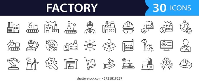 Factory and manufacturing Web Icon Set in Linear Style. Collection of manufacturing line icons, including automation, plants, industrial, production, machine, warehouse and more. Editable stroke