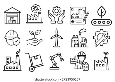 Fábrica y fabricación de iconos de Web en estilo lineal. Colección de los iconos de la línea de fabricación, incluyendo la automatización, plantas, industrial, producción, máquina, silueta del almacén