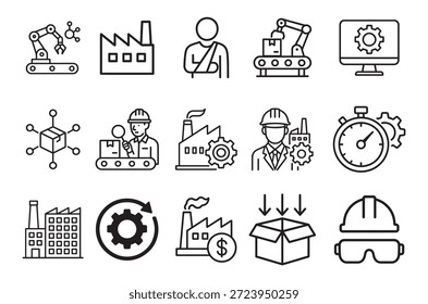 Fábrica y fabricación de iconos de Web en estilo lineal. Colección de los iconos de la línea de fabricación, incluyendo la automatización, plantas, industrial, producción, máquina, silueta del almacén