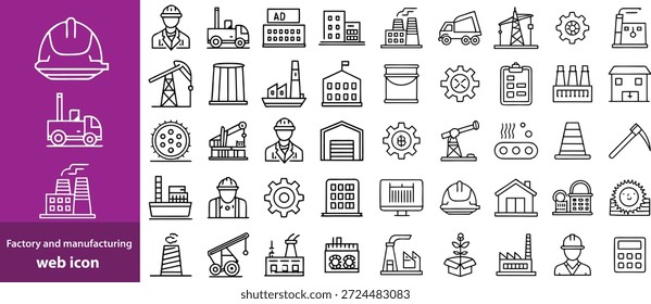 Factory and manufacturing Web Icon Set in Linear Style. Collection of manufacturing line icons, including automation, plants, industrial, production, machine, warehouse and more. Editable stroke 