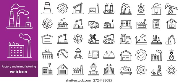 Fabrik und Herstellung Web Icon Set im linearen Stil. Sammlung von Fertigungslinien-Icons, einschließlich Automatisierung, Anlagen, Industrie, Produktion, Maschine, Lager und mehr. Bearbeitbarer Strich 