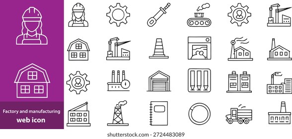 Factory and manufacturing Web Icon Set in Linear Style. Collection of manufacturing line icons, including automation, plants, industrial, production, machine, warehouse and more. Editable stroke 