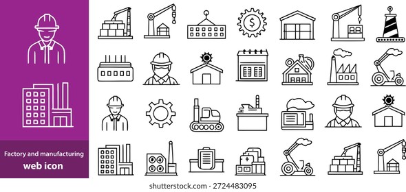 Factory and manufacturing Web Icon Set in Linear Style. Collection of manufacturing line icons, including automation, plants, industrial, production, machine, warehouse and more. Editable stroke 