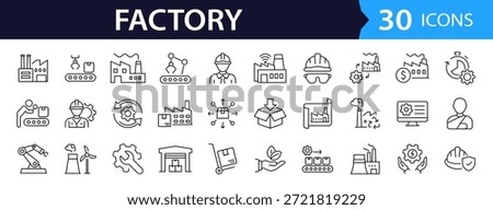 Factory and manufacturing Web Icon Set in Linear Style. Collection of manufacturing line icons, including automation, plants, industrial, production, machine, warehouse and more. Editable stroke