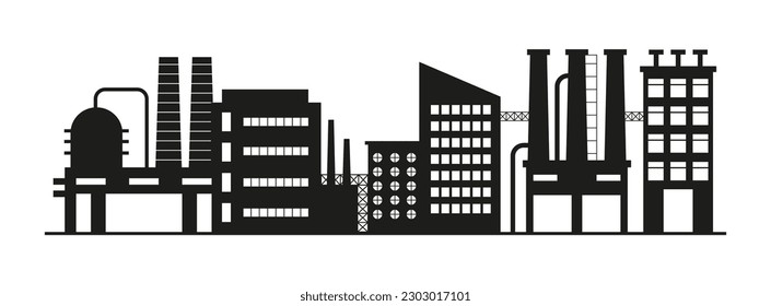 Conjunto de vectores de fábricas, manufacturas y plantas. Edificios comerciales 
silueta. refinería de petróleo. Iconos de silueta de fábrica. Almacén industrial, arquitectura.