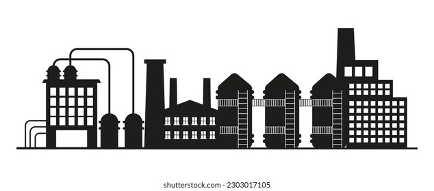 Factory, manufactury and plants vector set. Business buildings 
silhouette. Oil refinery. Factory silhouette icons. Industrial warehouse,  architecture.