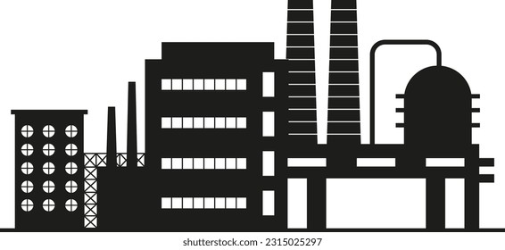Fabrik-, Manufaktur- und Pflanzenvektorset. Ölraffinerie. Fabriksilhouette-Symbole. Industrielager. Architektur, Geschäftsgebäude 
Silhouette. 