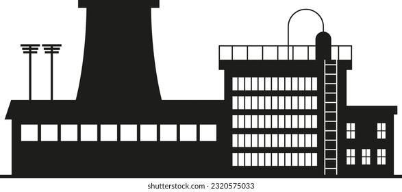 Fábrica, manufactura y vectores de plantas. Almacenamiento, locales industriales, íconos de talleres. refinería de petróleo. Iconos de silueta de fábrica. Almacén industrial. Arquitectura, edificios de negocios 
silueta. 
