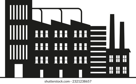 Fabrik, Manufaktur und Pflanzenvektor. Lagerung, Industrieräume, Werkstätten-Symbole. Ölraffinerie. Fabriksilhouette-Symbole. Industrielager. Architektur, Geschäftsgebäude 
Silhouette. 