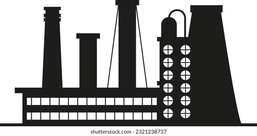 Factory, manufactury and plants vector. Storage, industrial premises, workshops icons. Oil refinery. Factory silhouette icons. Industrial warehouse. Architecture, business buildings 
silhouette. 