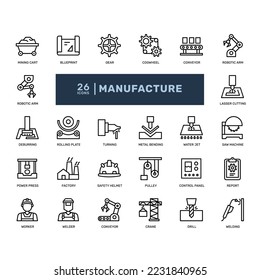 factory mass production manufacturing metal processing engineering detailed thin line outline icon set. simple vector illustration