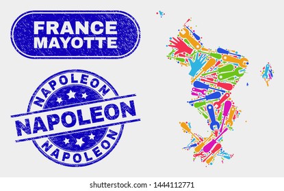 Factory Mayotte Islands map and blue Napoleon grunge stamp. Colored vector Mayotte Islands map mosaic of repair elements. Blue rounded Napoleon stamp.