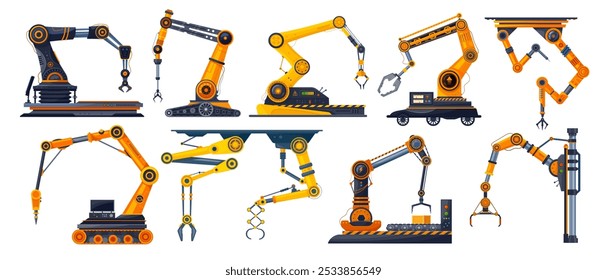 Braços robôs mecânicos de fábrica, mãos de máquinas hidráulicas, ferramentas de automação vetorial da indústria de produção e fabricação. Máquinas de fábrica, braços robôs manipuladores com pinças e tochas de solda