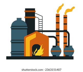 Factory or metallurgy industry workplace, work process and machinery with producting and purification of metals. Fire burning and hot temperatures for melting and forming shape. Vector in flat style
