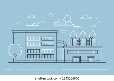 Factory - modern line design style vector illustration on blue background. High quality linear composition with a plant, industrial building, facility. City architecture, manufactory concept