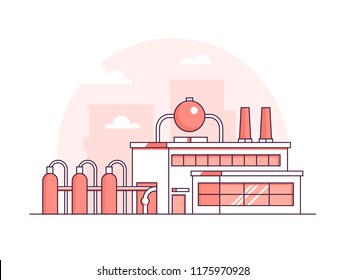 Factory - modern thin line design style vector illustration on white background. Red colored high quality composition with facade of a plant with chimneys, pipes. City architecture. Industrial concept