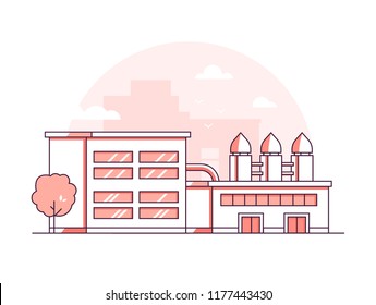 Factory - modern thin line design style vector illustration on white urban background. Red colored high quality composition with a plant, industrial building, facility. City architecture concept