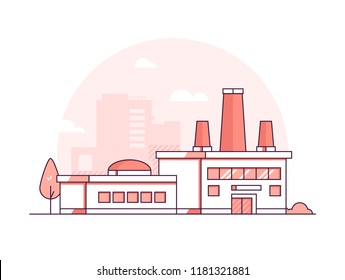 Factory - modern thin line design style vector illustration on white background. Red colored high quality composition with a plant with chimneys, pipes. City architecture. Industrial concept