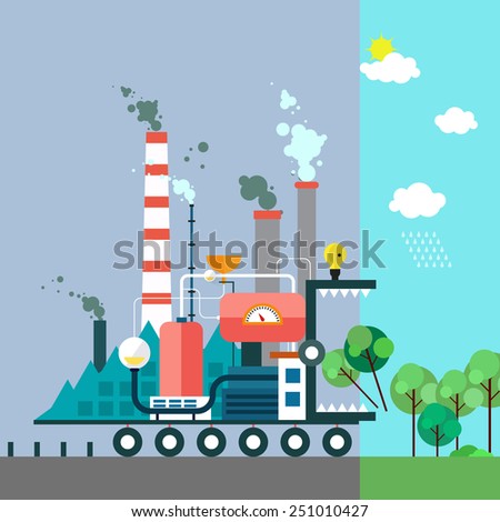 Factory monster eating nature. Vector flat illustration of pollution and eco-friendly landscapes. Ecology, environmental protection, green energy, production, factory, pollution, urban. Poster.
