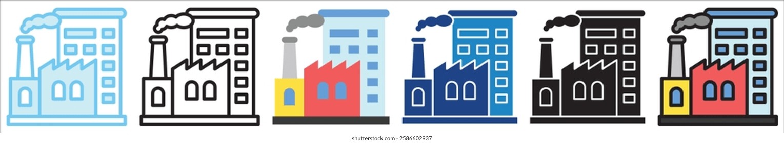 Factory multi style, mini illustration icon. outline, flat, glyph, line color, UI, UX, app and web, digital or print. For education, construction, transportation, environment, urban planning.