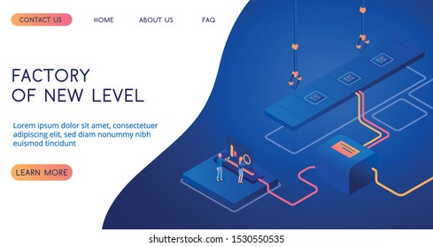 Factory of new level landing page. Include landing elements, factory, workers. 