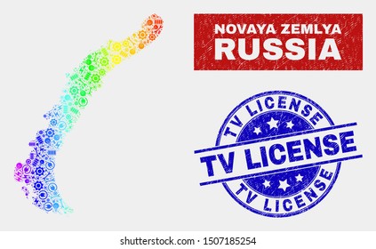 Factory Novaya Zemlya Islands map and blue TV License distress seal stamp. Rainbow colored gradiented vector Novaya Zemlya Islands map mosaic of production items. Blue round TV License stamp.