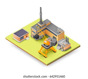 Factory objects design concept on yellow panel with industrial constructions, colored buildings, lifting equipment and different objects concept vector illustration