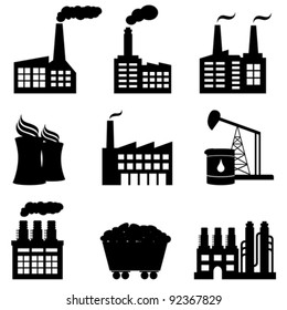 Factory, oil drilling, nuclear power plant and energy icons