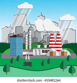Factory on a background of the city. Ecology. Vector illustration.