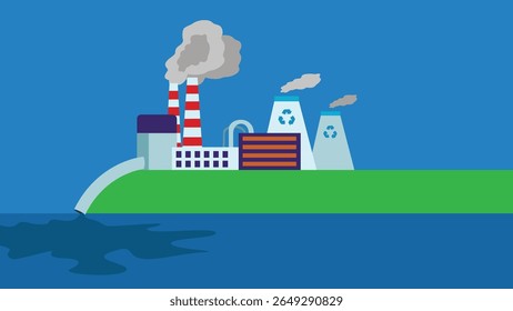 Fábrica en la isla. Contaminación del medio ambiente. Ilustración vectorial