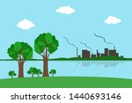 Factory on lakeside. Atmospheric pollution. Vector illustration.