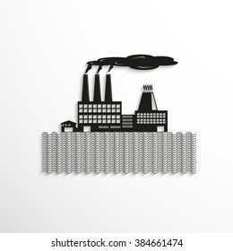 The factory on the riverbank. Symbol. Vector icon.