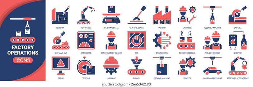 Conjunto de ícones de operações de fábrica. Contendo ícone de fábrica inteligente, robô industrial, linha de montagem, correia transportadora, controle de qualidade e muito mais. Coleção de ícones de vetor sólido.