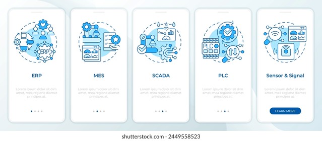 Factory organization systems blue onboarding mobile app screen. Walkthrough 5 steps editable graphic instructions with linear concepts. UI, UX, GUI template. Montserrat SemiBold, Regular fonts used