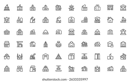 Factory outline Icon Set. A dynamic collection of icons representing manufacturing perfect for engineering. Editable stroke. Vector illustration