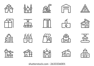 Factory outline Icon Set. A dynamic collection of icons representing manufacturing perfect for engineering. Editable stroke. Vector illustration
