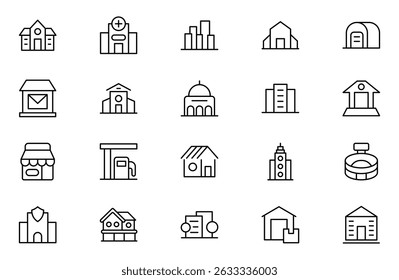 Conjunto de iconos de contorno de fábrica. Una colección dinámica de íconos que representan la manufactura perfecta para la ingeniería. Trazo editable. Ilustración vectorial