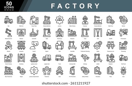 Factory outline icon set featuring production lines, machinery, safety, logistics, and planning. Ideal for industrial design, manufacturing systems, engineering, and workplace visuals.