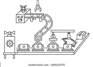 Factory pack of items with claw outline. robotic claw automatic packing conveyor in industrial. production line concept. flat cartoon design. stroke, thin line, Vector, illustration.