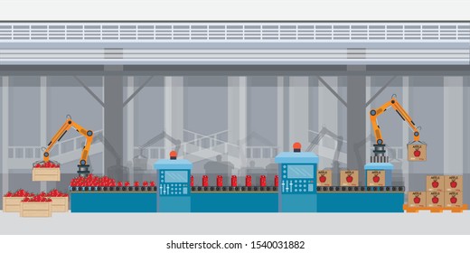 Factory packing conveyor apple juice of a box.Design industrial automated food factory machine.Sweet sparkling water illustration vector.