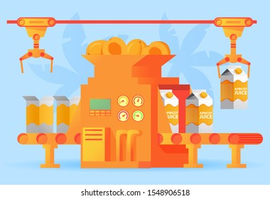 Factory packing conveyor 
apricot juice of a box .Sweet nectar.Flat illustration vector.Concept of design industrial automated food factory machine.
